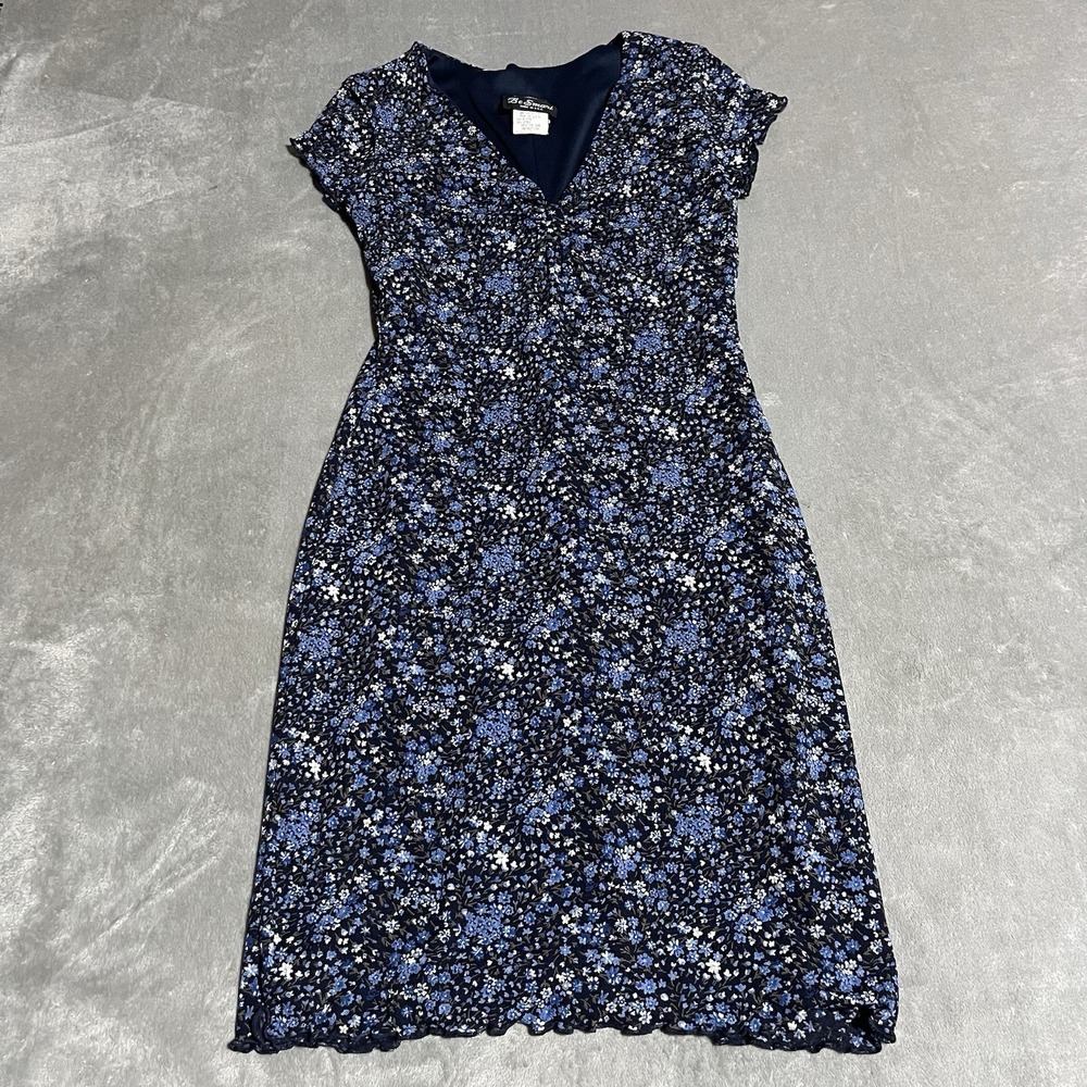 Vintage Be Smart Dress Womens 11 12 Blue Ditzy Floral Midi V Neck Dainty 90s